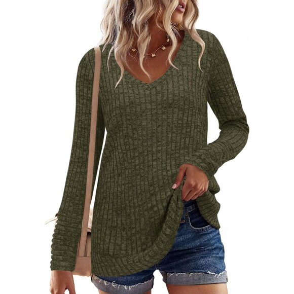 Misfay Women Army Green Casual Long Sleeve V Neck Shirts Solid Color Sweaters - Picture 1 of 4